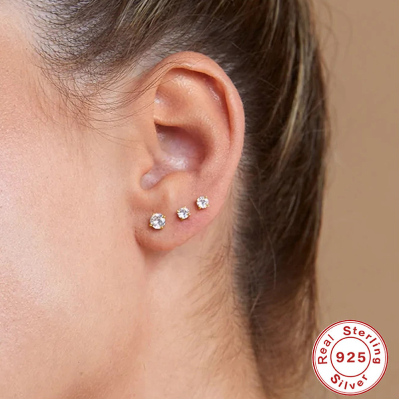 S925 Sterling Silver Four-Prong Diamond-Studded Flat Head Threaded Piercing Cartilage Earrings European and American Hot-Selling Classic Elegant Minimalist Ear Jewelry