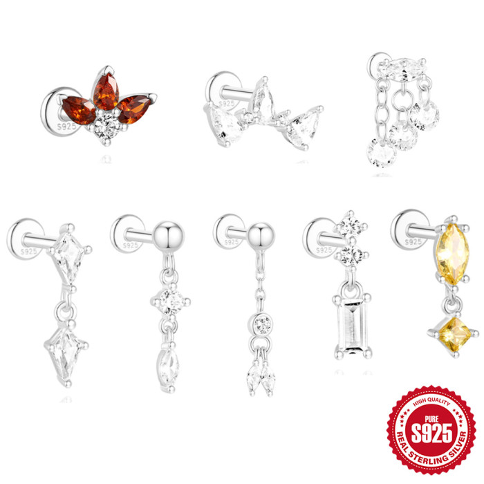 925 Sterling Silver Diamond-Studded Tassel Piercing Threaded Flat Ear Bone Stud Earrings European and American Hot Selling Ins Platinum Plated Ear Jewelry