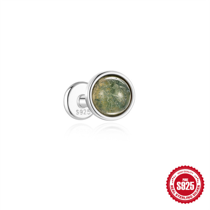 S925 Sterling Silver Horse Eye Natural Water Grass Agate Ear Bone Stud European and American Hot Selling Flat Head Threaded Piercing Platinum Ear Jewelry