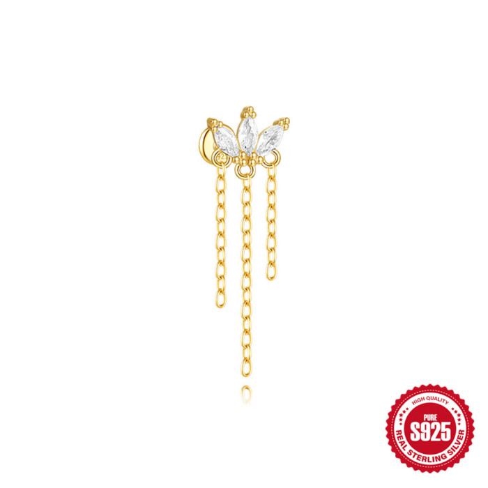 S925 Sterling Silver Geometric Kite Inlaid Diamond Chain Tassel Flat Head Piercing Threaded Ear Bone Stud AliExpress Hot-Selling Earrings