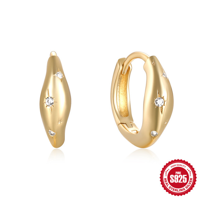 S925 Sterling Silver Irregular Star Earrings Ear Clips Fashion Ins Eight-Pointed Star Zircon Stone-Inlaid Hoop Earr...