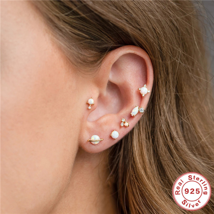 S925 Sterling Silver Inlaid Diamond Opal Pearl Helix Piercing Stud Earrings Korean and Japanese Style Niche Lightweight Helix Ear Bone Stud
