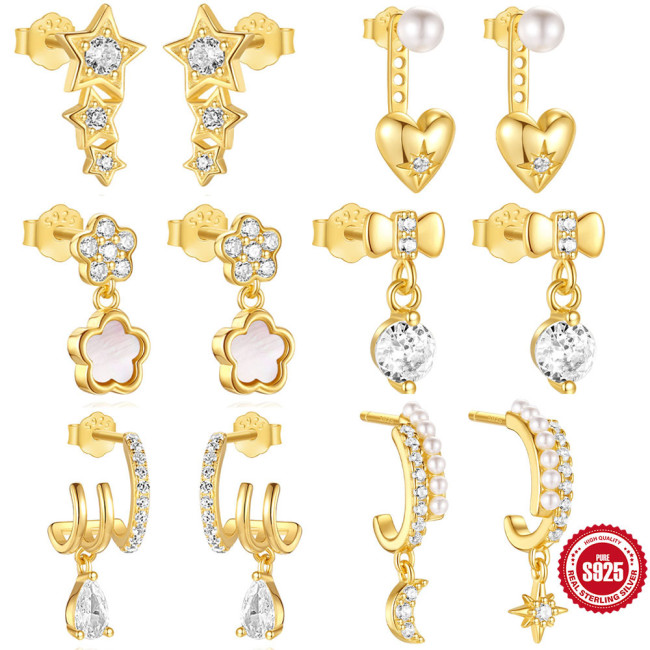 S925 Sterling Silver Inlaid Diamond Heart Double Layer Earrings Butterfly Drop Earrings for Women Korean Style High-end Niche Pearl Petal Ear Jewelry