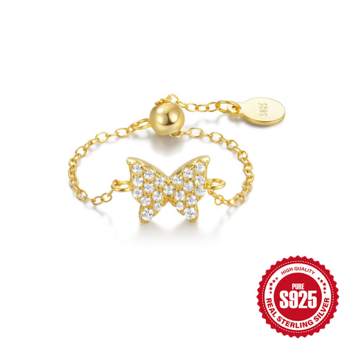 New 925 Sterling Silver Heart Butterfly Inlaid Diamond Ring for Women, European and American Hot-Selling Ins Trend Open Adjustable Chain Ring