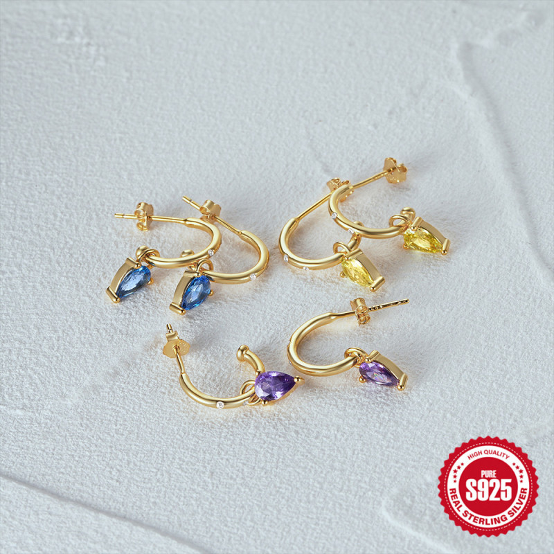 New S925 Sterling Silver Creative C-Shaped Diamond-Studded Hoop Earrings Water Drop Earrings Stud Earrings European and American High-End Light Luxury Earrings