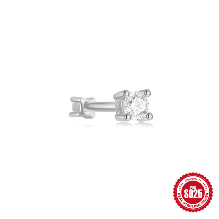 New S925 Sterling Silver Ear Bone Stud Single Diamond Inlaid Stone Stackable Double-Sided Wearable Soft Bone Spiral Piercing Stud Ear Jewelry