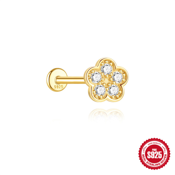 S925 Sterling Silver Irregular Butterfly Crown Inlaid Diamond Flat Head Threaded Piercing Ear Bone Stud European and American Hot Selling Elegant Earrings