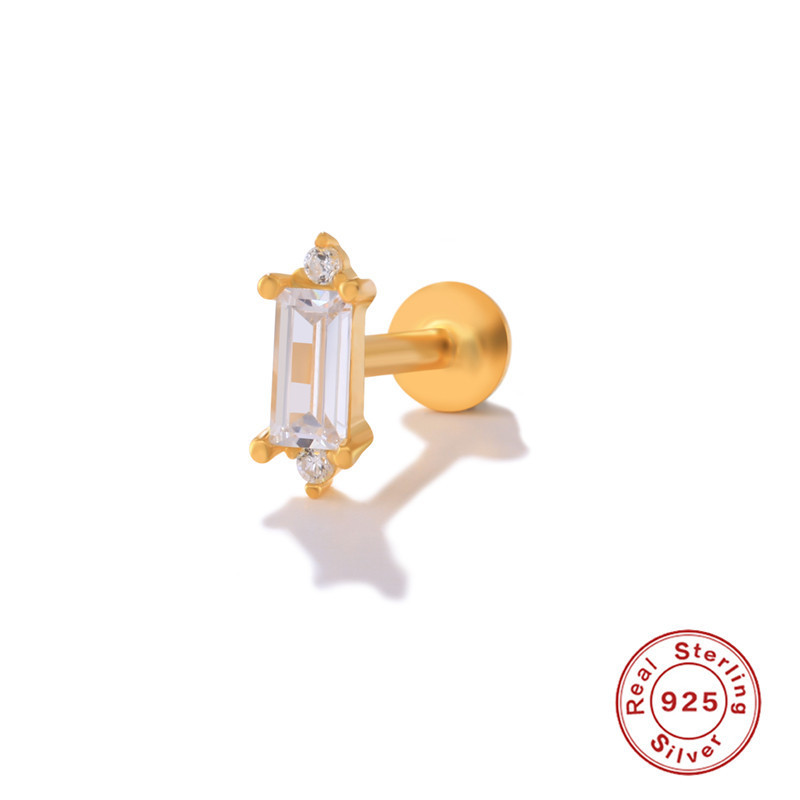 New S925 Sterling Silver Geometric Square Diamond Piercing Jewelry European and American Hot-Selling Flat Head Threaded Piercing Cartilage Earrings
