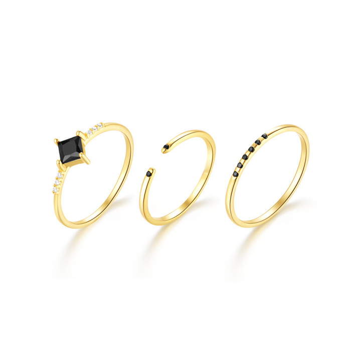 S925 Sterling Silver Black Stone Ring for Women Fashion Geometric Zircon Stackable Ring Light Luxury Style Dark Ser...