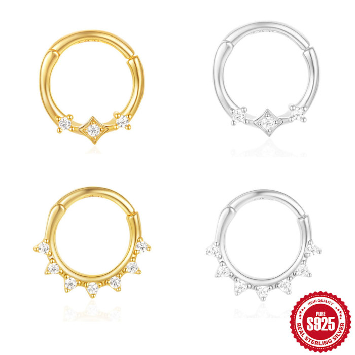 New S925 Sterling Silver Star Triangle Inlaid Diamond Elegant Cartilage Piercing Hoop Ear Cuff European and American Hot-Selling Personality Nose Ring
