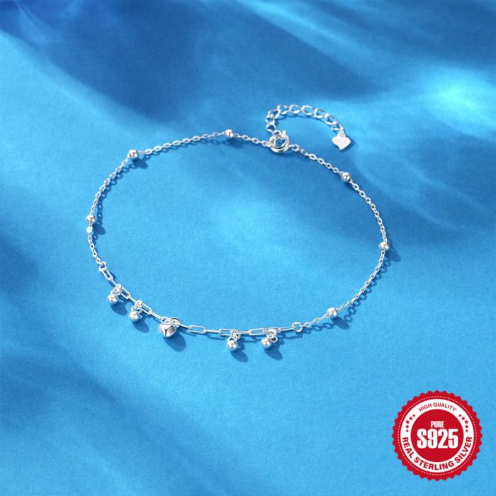 S925 Sterling Silver Double Adjustable Paperclip Anklet European and American Fashion Summer Versatile Heart-shaped Round Bead Pendant Foot Jewelry