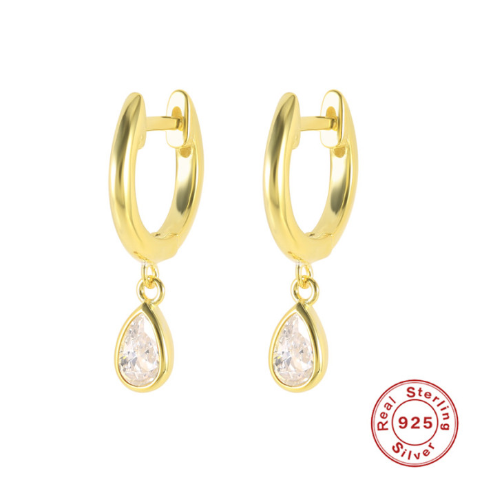S925 Sterling Silver Geometric Water Drop Zircon Earrings Ear Clips INS Style Inlaid with Colored Stones Hoop Earri...