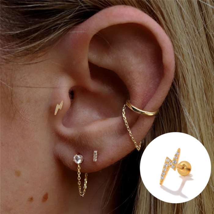 S925 Sterling Silver Lightning Inlaid Diamond Flat Head Threaded Piercing Cartilage Earrings European and American Hot Selling Personality INS Ear Cartilage Ear Jewelry