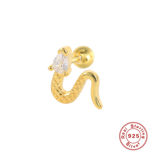 S925 Sterling Silver Piercing Single Small Snake Earring European and American Fun Minimalist Style Inlaid Diamond Threaded Piercing Ear Bone Stud