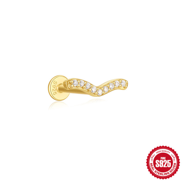 925 Sterling Silver Tassel Water Drop Zircon Cartilage Piercing Flat Spiral Piercing Stud Earrings European and American Hot Selling INS Ear Bone Studs
