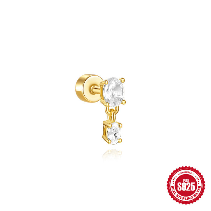 S925 Sterling Silver Flat Column Threaded Piercing Ear Bone Stud European and American Hot Selling Geometric Inlaid Diamond Opal Earrings Ear Jewelry