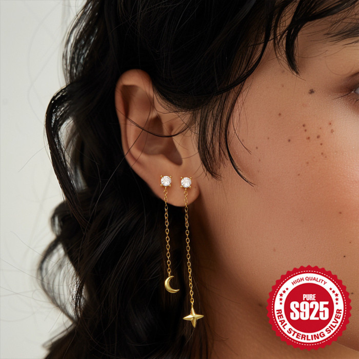 S925 Sterling Silver Simple Stone-Encrusted Chain Tassel Star Moon Earrings Stud Earrings Korean and Japanese Style...