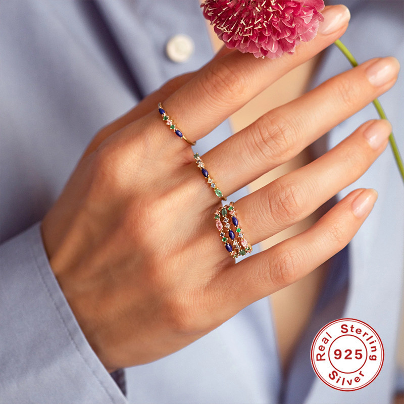 S925 Sterling Silver Geometric Colorful Diamond Engagement Ring Korean and Japanese Light Luxury Elegant Fresh Summer Wear Index Finger Ring Accessory