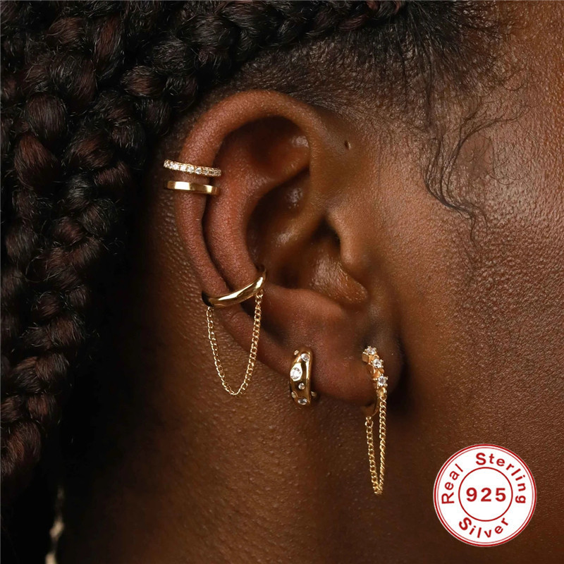 S925 Sterling Silver Five-Pointed Star Inlaid Diamond Hoop Earrings Chain Tassel Ear Clips Earrings European and American Bestsellers INS Ear Jewelry