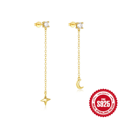 S925 Sterling Silver Simple Diamond-Encrusted Chain Tassel Star Moon Earrings Stud Earrings Korean and Japanese Style Versatile Earrings