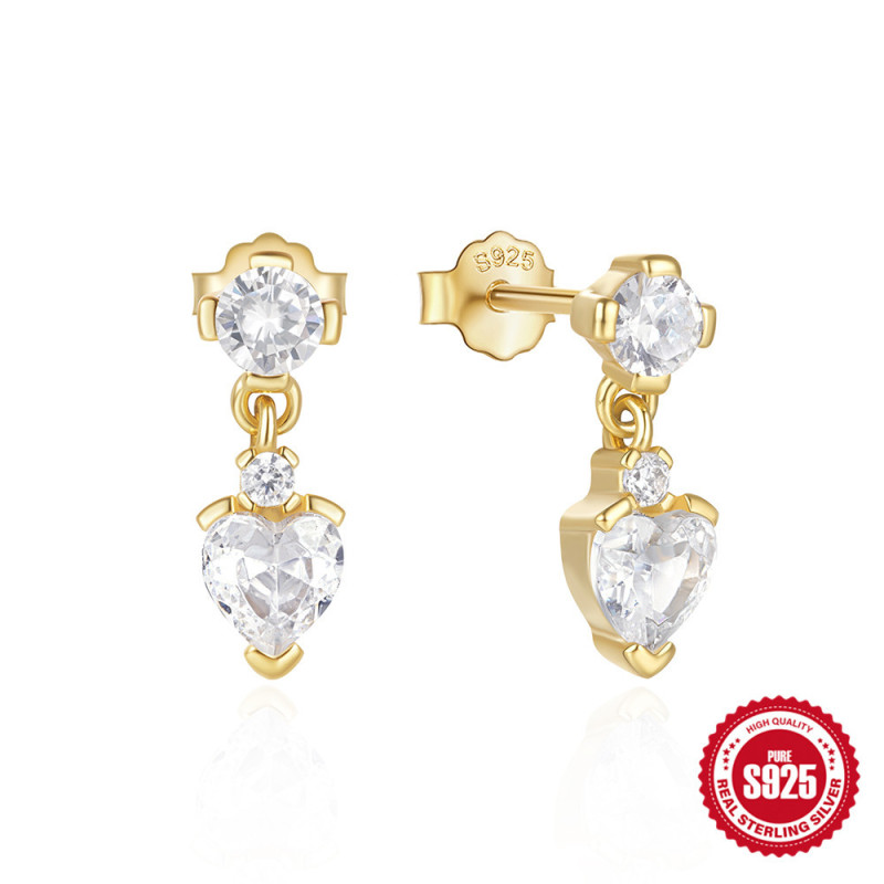 S925 Sterling Silver Heart Zircon Earrings with Inlaid Diamonds, Korean and Japanese INS Niche Light Luxury Design Versatile Earrings for Women