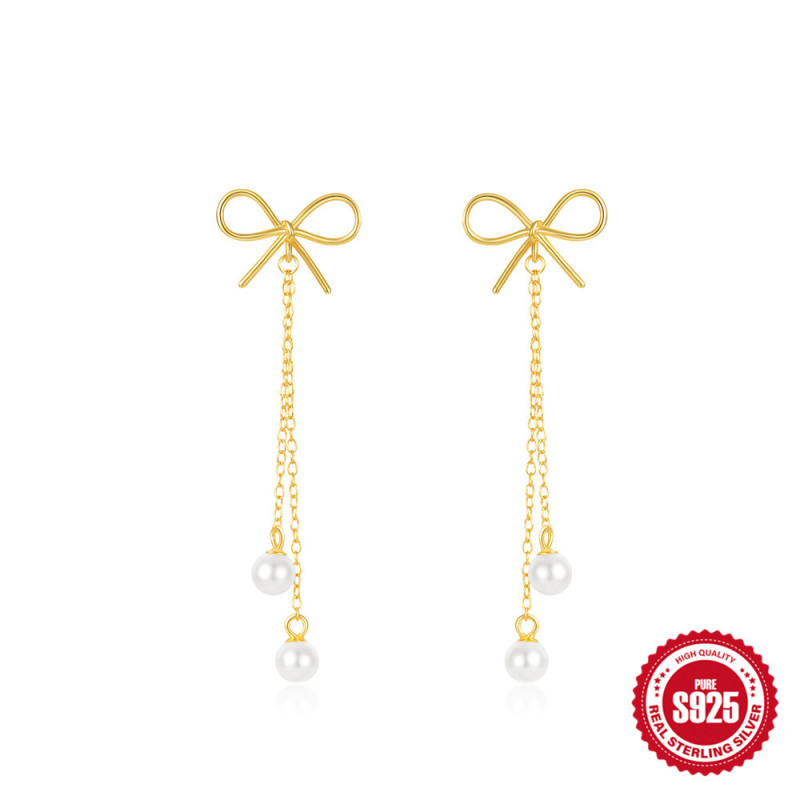 S925 Sterling Silver Bowknot Tassel Chain Pearl Earrings Stud Earrings Korean Style Niche Design Sense Elegant Earrings
