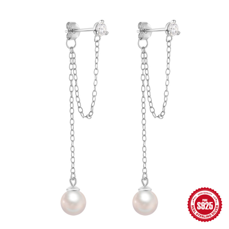S925 Sterling Silver Chain Tassel Inlaid Diamond Pearl Earrings European and American New Simple Ins Style Pearl Drop Earrings for Women