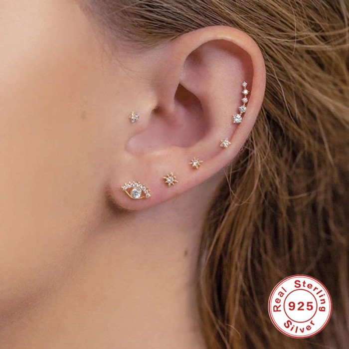 S925 Sterling Silver Single Row Diamond-Encrusted Light Luxury Piercing Cartilage Earrings European and American Hotline INS Personality Body Piercing Ear Jewelry