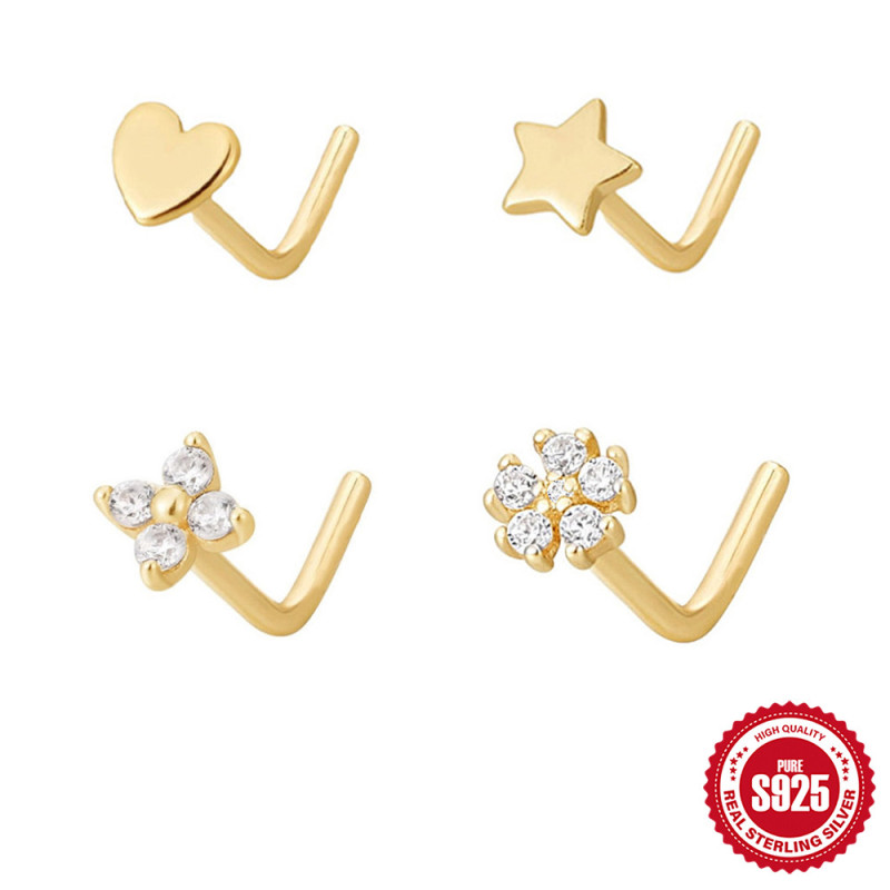 S925 Sterling Silver Nose Stud L Rod Inlaid Zircon Flower Nose Stud Amazon Hot Sale Personalized Nose Jewelry Body Piercing Accessories
