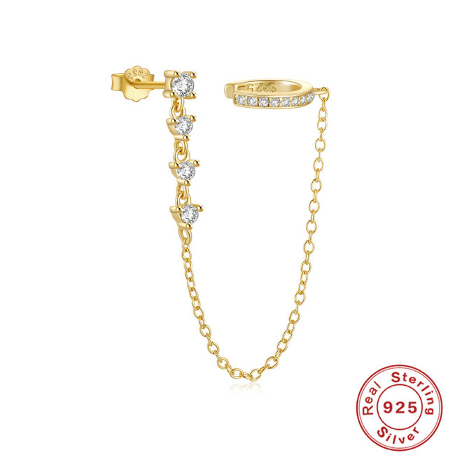 S925 Sterling Silver Single Row Stone-Studded Non-Pierced Ear Clips Tassel Single Stone Stud Earrings Hot Selling...