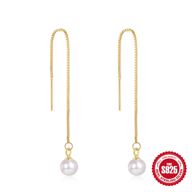 S925 Sterling Silver Chain Tassel Pearl Earrings Stud Earrings Korean and Japanese Style Trendy Internet Celebrity TikTok Hot Selling Fashion Earrings