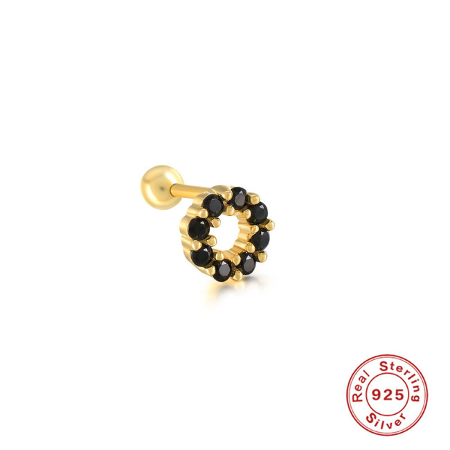 S925 Sterling Silver Single Ear Bone Stud Earrings European and American Hot Selling Micro Inlaid O-shaped Round Threaded Ear Piercing Earrings