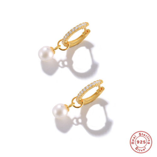 S925 Sterling Silver Light Luxury Elegant Diamond-Studded Pearl Hoop Earrings Korean and Japanese INS Style Socialite Minimalist Earrings