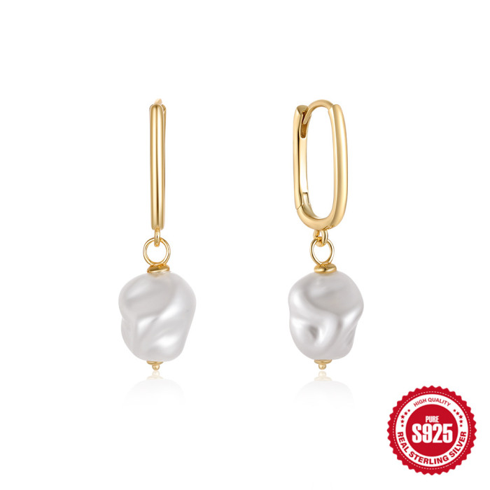 S925 Sterling Silver U-Shaped Irregular Pearl Hoop Earrings European and American Hot-Selling Retro Simple INS Versatile Earrings for Women