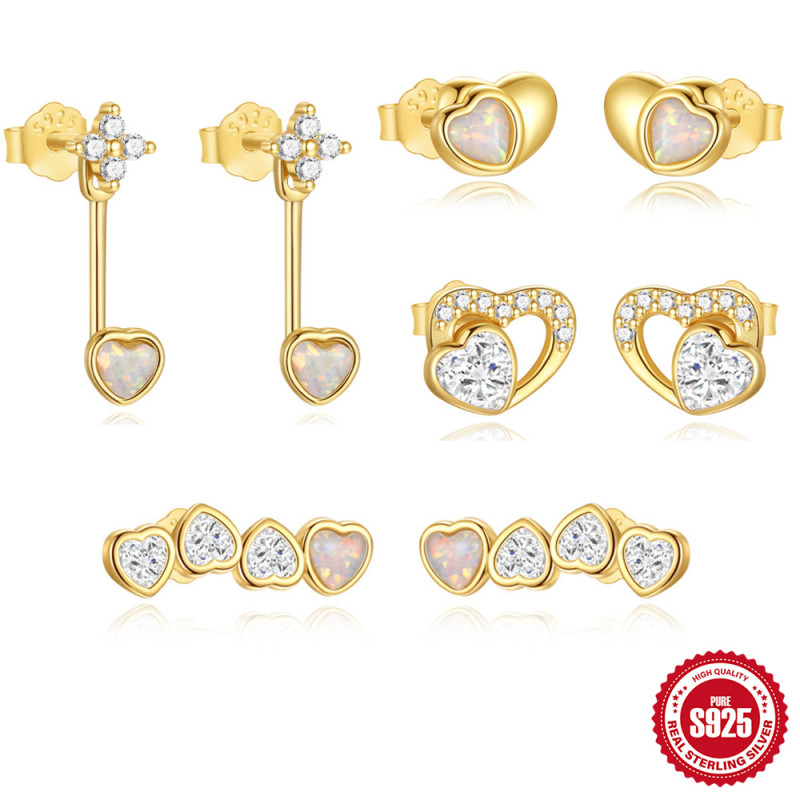 New S925 Sterling Silver Heart Opal Earrings Korean Style Niche Design High-end Inlaid Opal Stud Earrings