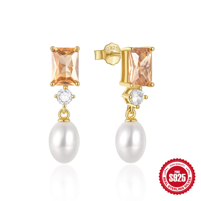 S925 Sterling Silver Luxurious Diamond-Studded Pearl Earrings Studs European and American French Style Elegant High-End Earrings Versatile Ear Jewelry