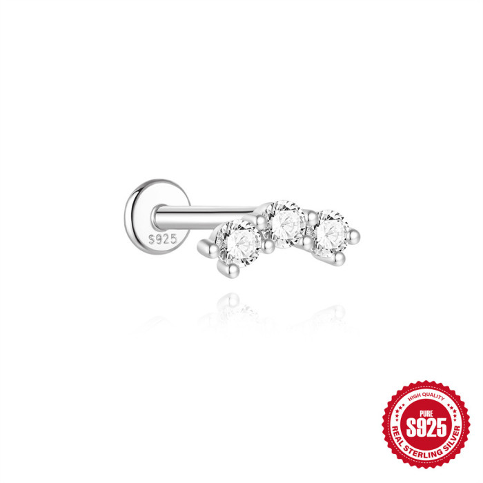 S925 Sterling Silver Classic Diamond-Encrusted European and American Style Flat Head Threaded Piercing Ear Bone Stud Japanese and Korean Niche High-End Ear Jewelry