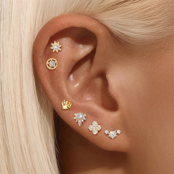 S925 Sterling Silver Geometric Inlaid Diamond Soft Bone Flat Head Cylinder Spiral Piercing Ear Bone Stud European and American Hot-Selling Earrings Ear Jewelry