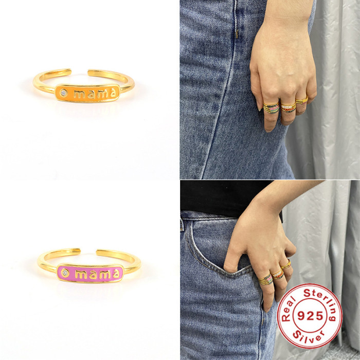 S925 Sterling Silver Mama Stone-Studded Handmade Oil-Drip Ring Bestselling Trendy INS Style Creative Open Ring, Ear...