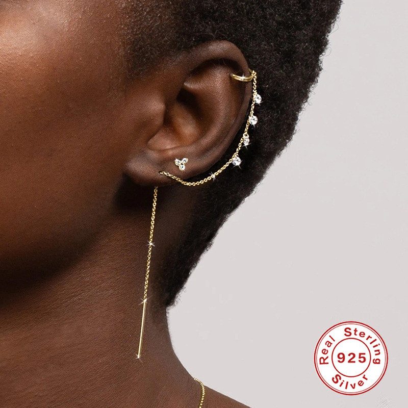 S925 Sterling Silver Inlaid Diamond Tassel Chain Earrings Ear Clips Earrings European and American Hot Selling Light Luxury Niche High-end Earrings for Women