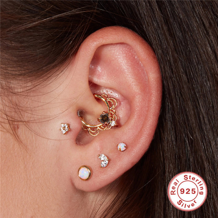 S925 Sterling Silver Pattern Inlaid Diamond Elegant Ear Bone Stud Micro Inlaid Ear Stud Nose Ring Hot Selling on AliExpress INS Piercing Jewelry