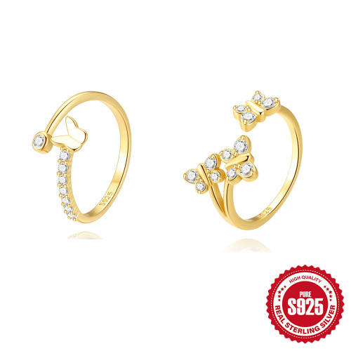 S925 Sterling Silver Zircon Classic Butterfly Simple Open Regular Ring Korean Version Niche Design Index Finger Ring