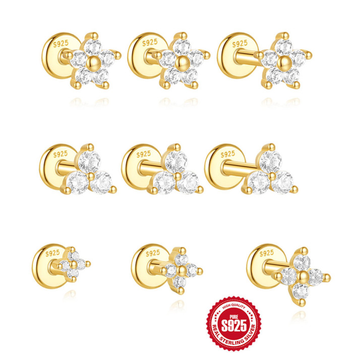 S925 Sterling Silver Exquisite Triangle Petal Flat Bottom Piercing Threaded Ear Bone Stud European and American New Style Multi-size Earrings
