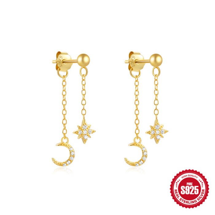 S925 Sterling Silver Inlaid Diamond Pearl Tassel Chain Earrings Studs European and American Hot-Selling Geometric Star Moon High-End Earrings