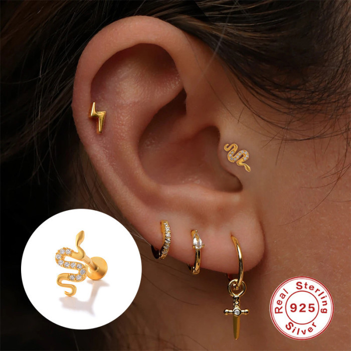 New S925 Sterling Silver Snake Stud Earrings with Diamonds and Threaded Piercing for Cartilage, European and American Style, INS Body Piercing Jewelry