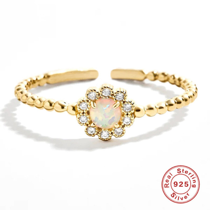 S925 Sterling Silver INS Flower Inlaid Diamond Opal Versatile Open Ring Hot Selling Elegant Fresh Index Finger Ring