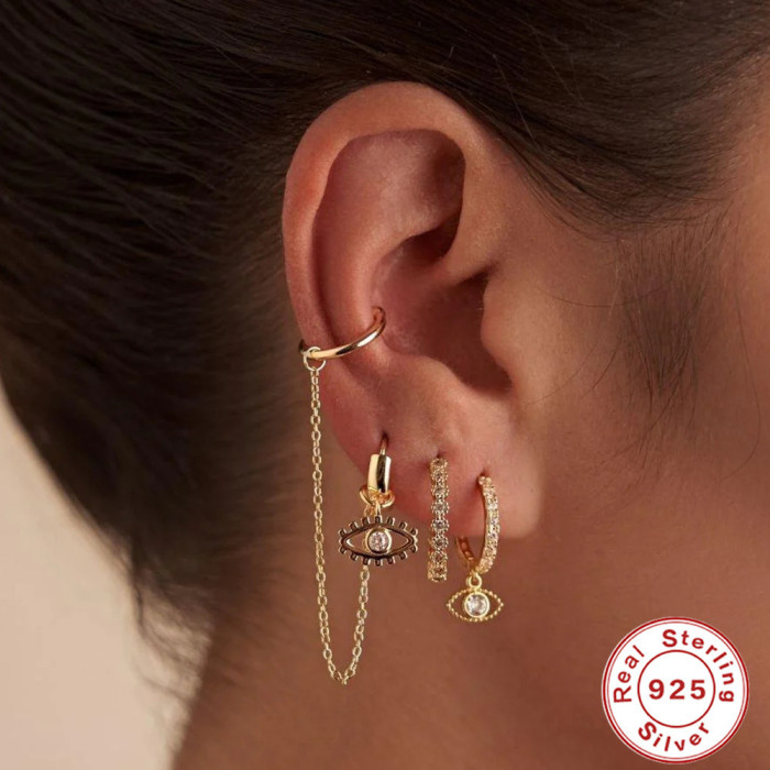 S925 Sterling Silver Classic Evil Eye Personality Hoop Earrings Ear Clips Ear Jewelry for Women Korean Version Inlaid with Diamonds High-end Sense Stud Earrings