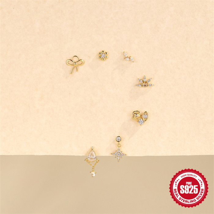 S925 Sterling Silver Tassel Inlaid Diamond Soft Bone Flat Head Threaded Piercing Ear Bone Stud European and American Hot Selling Horse Eye Geometric Ear Jewelry