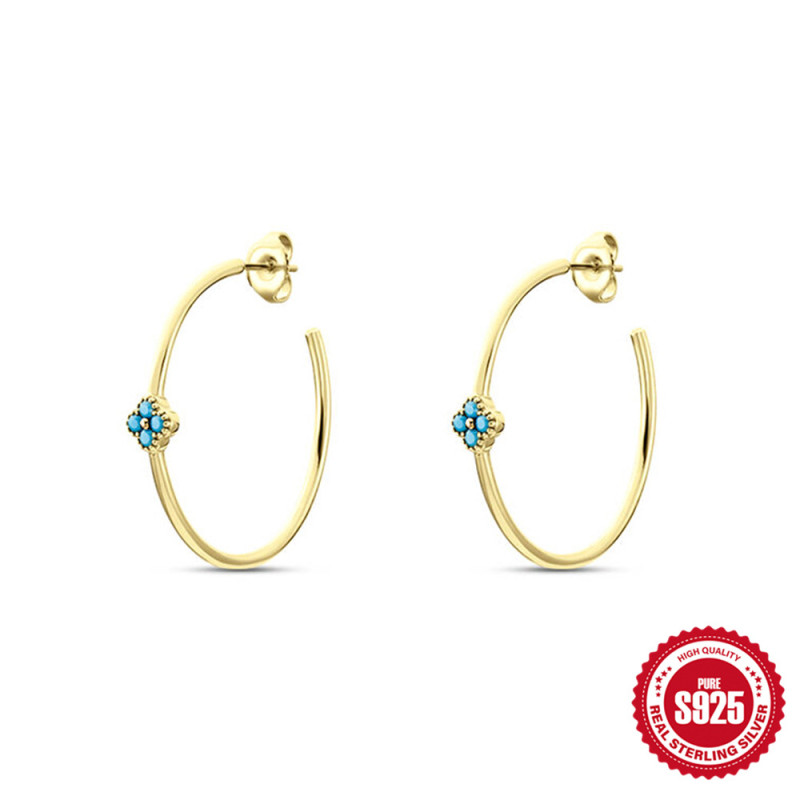 S925 Sterling Silver Petal Inlaid Diamond Turquoise Earrings Hoop European and American Hot-Selling Classic Personality C-Shaped Stud Earrings for Women