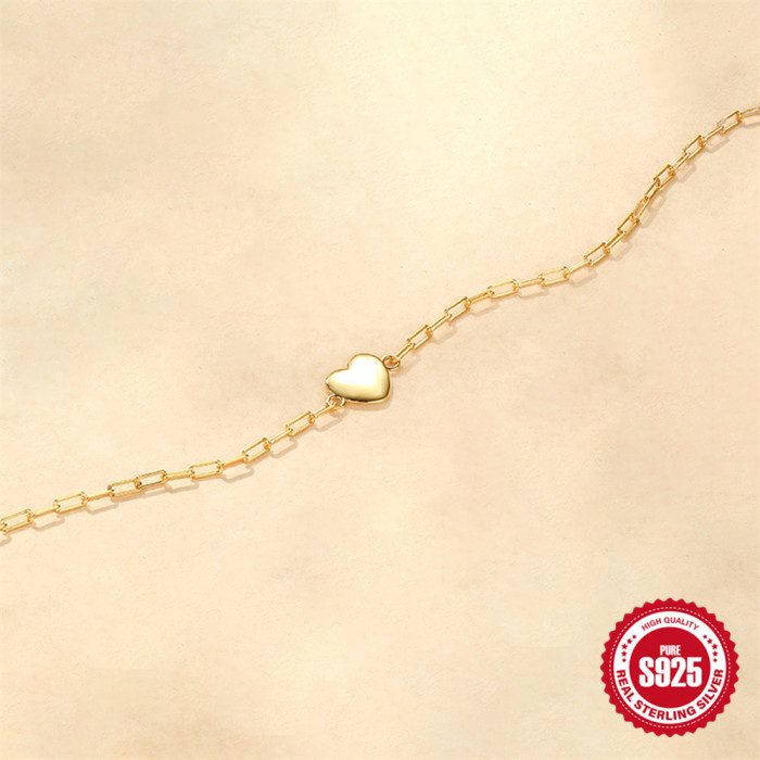New S925 Sterling Silver Paperclip Chain Smooth Heart Bracelet Korean Style Niche High-end Elegant Everyday Versatile...